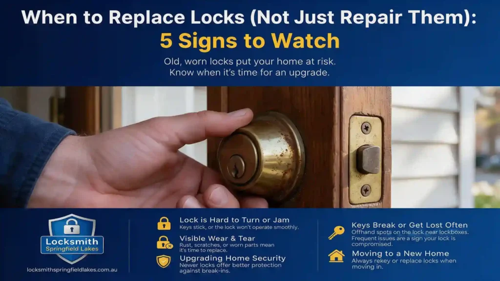 Hand turning a worn, rusted deadbolt lock — a sign it may be time to replace locks