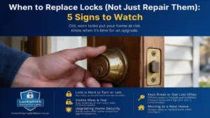 Hand turning a worn, rusted deadbolt lock — a sign it may be time to replace locks