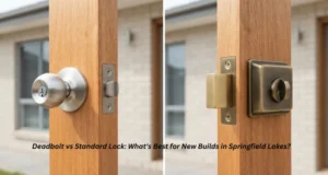 Side-by-side comparison of a standard spring latch lock and a deadbolt lock on a new build front door
