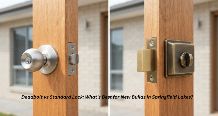 Side-by-side comparison of a standard spring latch lock and a deadbolt lock on a new build front door