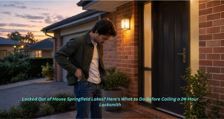 Man patting his pockets outside a locked front door at dusk, locked out of house Springfield Lakes