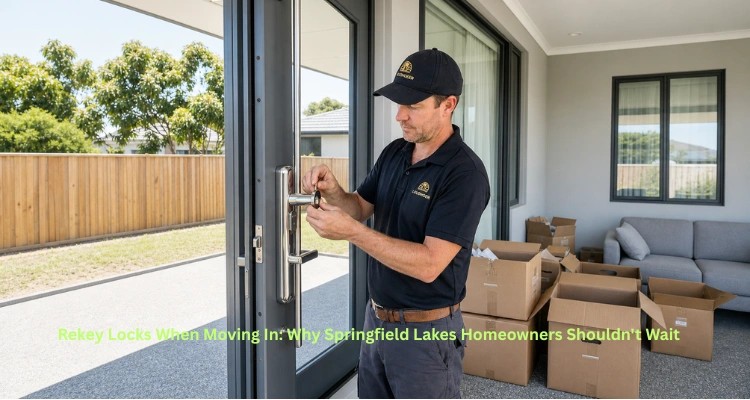 Locksmith rekeys a glass sliding door lock in a new home with moving boxes in the background