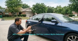 Locksmith using an inflatable wedge and long-reach tool to unlock a car door without damage
